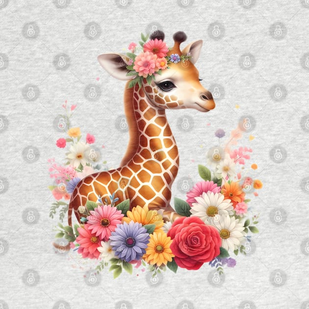 A baby giraffe decorated with beautiful colorful flowers. by CreativeSparkzz